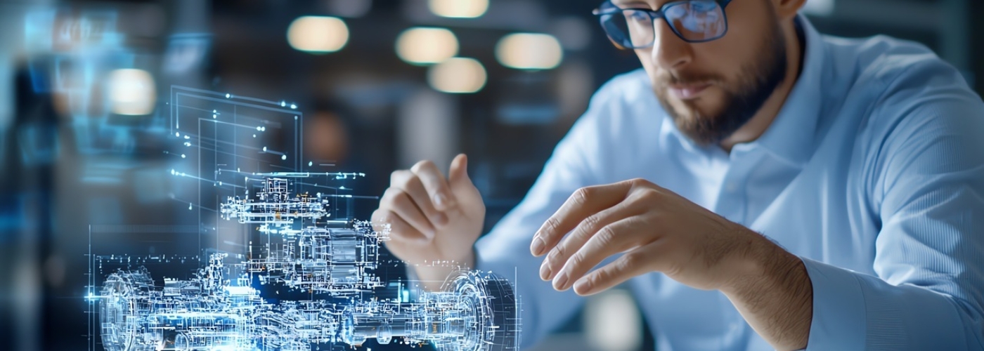 Mann vor einer virtuellen Abbildung einer Fahrzeugkarosserie