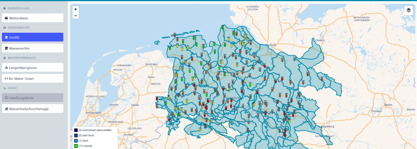 Landkarte von Niedersachsen mit eingezeichneten Wasserständen