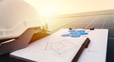 Helm und Arbeitsmappe liegen auf einem Solarpanel