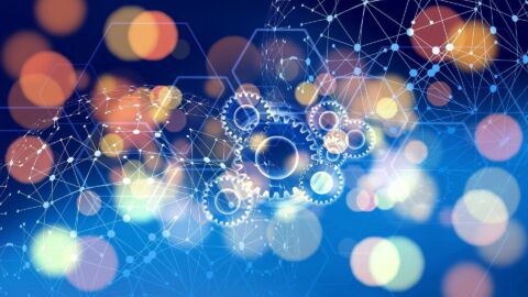 Ein buntes Bild mit Zahnrädern in der Mitte