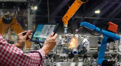 Person trägt Tablet und steht vor einer Maschine