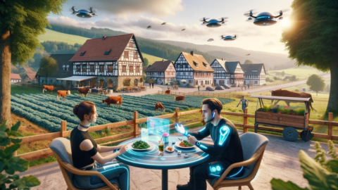 Zwei Personen sitzen an einem Tisch mit Blick auf einen futuristischen Bauernhof