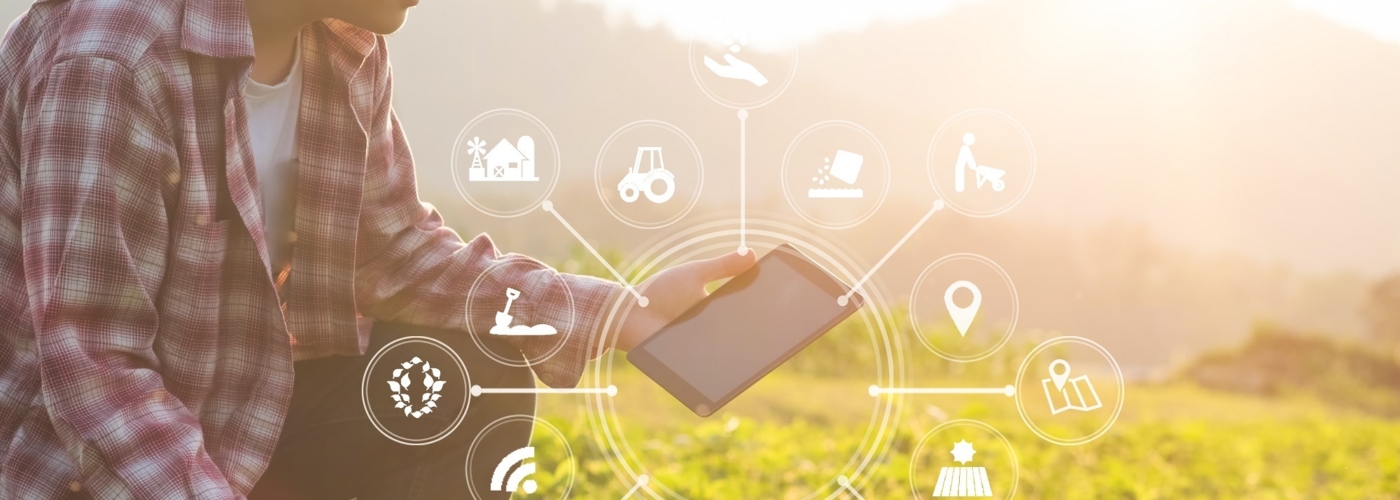 Ein Mann kniet mit einem Tablet in der Hand in einem Feld