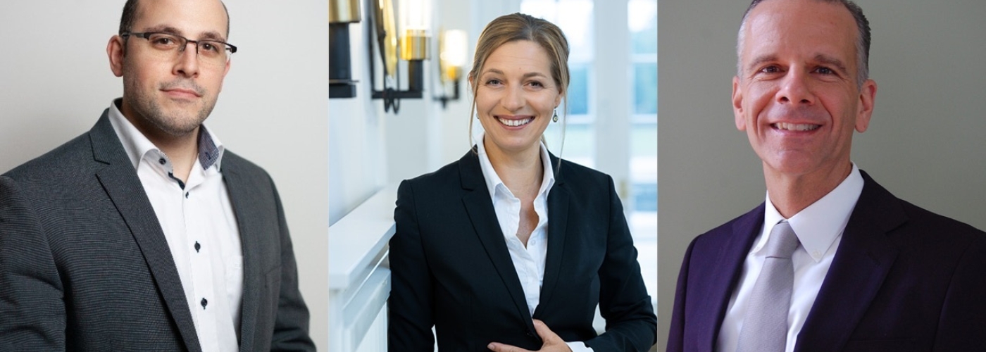 Collage aus Portraits einer Frau und zwei Männer im Anzug