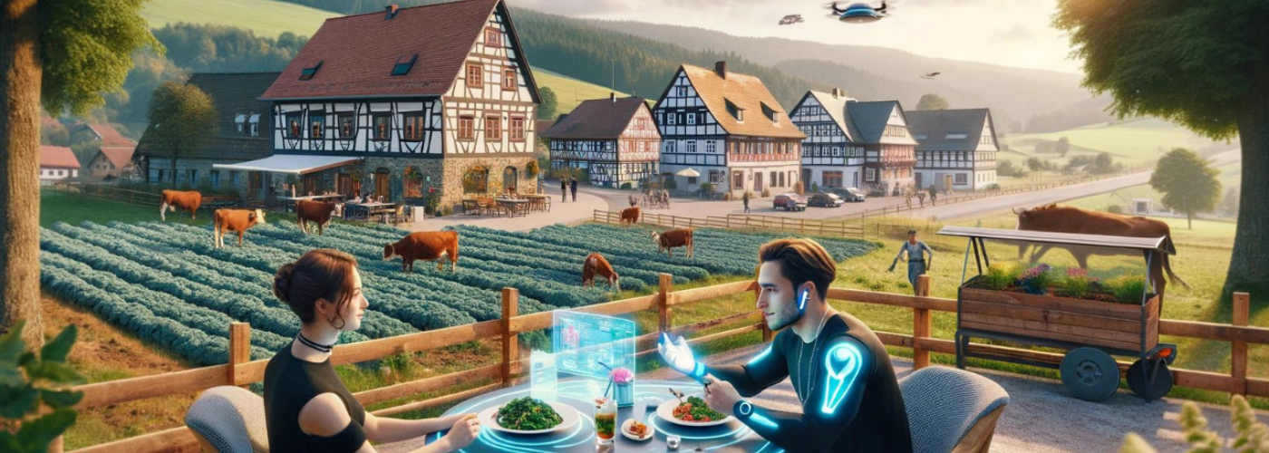 Zwei Personen sitzen an einem Tisch mit Blick auf einen futuristischen Bauernhof